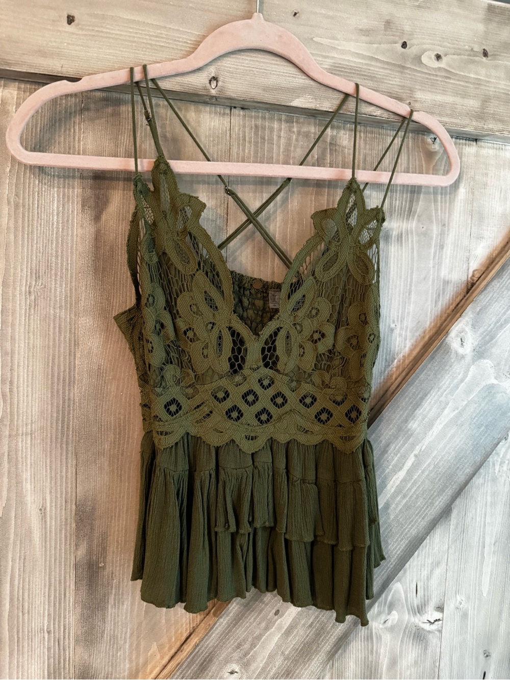Free People Olive Green Lace-Trim Crisscross Cami